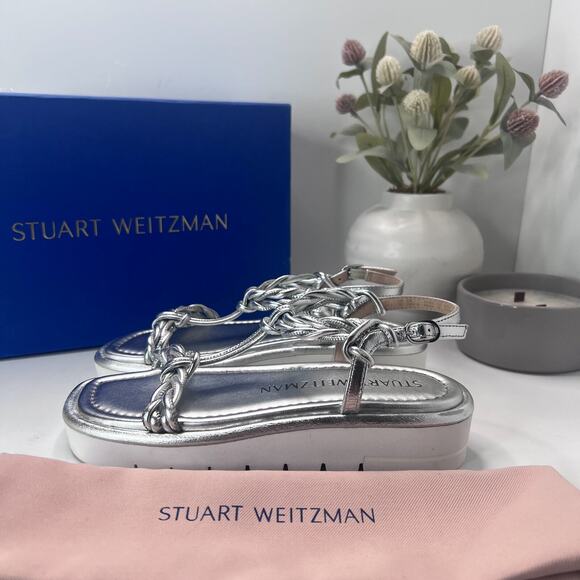 Stuart Weitzman Calypso Square Toe Sandals Metallic Silver S4563 Women 5B NWB - Picture 2 of 11